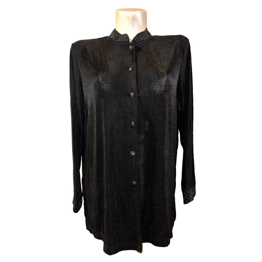Slinky Brand Womens Black Studded Mandarin Collar Button Front Tunic Top XL NEW